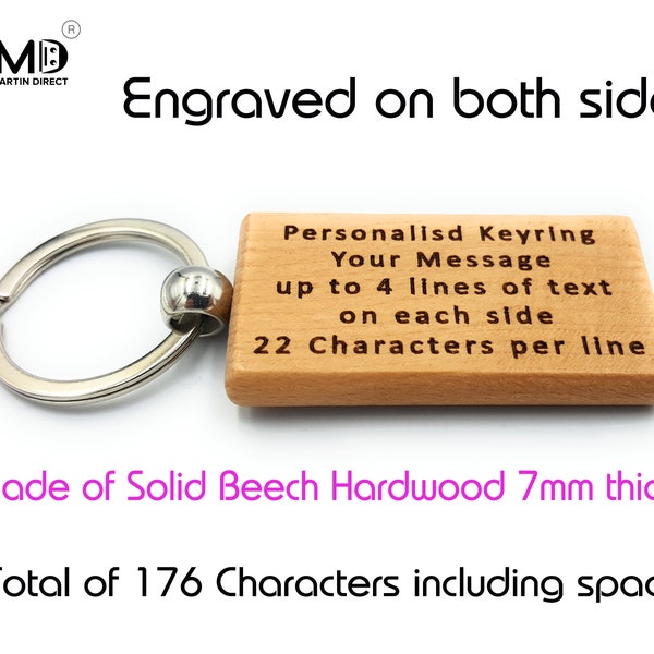 Personalised Keyring Wooden - Custom Key ring - Beech Wood Customized Keychain - Engraved both sides - Your Message up to 176 Characters!