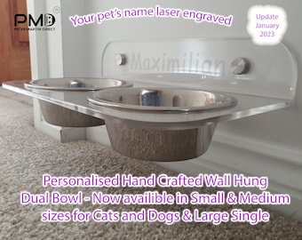 Custom Wall Mounted Pet Feeder with Name | Clear Acrylic Elevated Dog Bowl | Dual or Single Stainless Bowls | Modern Raised Feeding Station