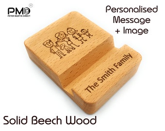 Personalized Cell Phone Stand - Pocket sized - Solid Beech Wood - Custom Text - watch movie - video call - many uses - select your image(s)