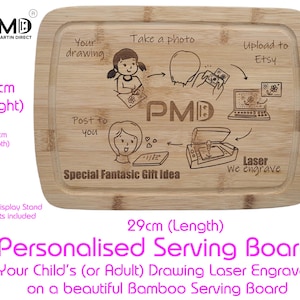 Your Child&#39;s Drawing Handwriting laser engraved on a wooden Serving Board - custom wood chopping kids artwork gift keepsake eco-friendly