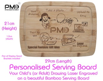 Your Child's Drawing Handwriting laser engraved on a wooden Serving Board - custom wood chopping kids artwork gift keepsake eco-friendly