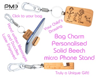 Bag Charm Children's Drawing Picture keyring | Keychain Kid's drawing | Micro Eco Wooden Phone Stand | Unique Gift | Cell Phone Video Holder