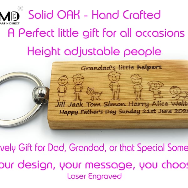 Personalised Keyring - Custom Made Solid Oak - Large Keychain -  Pick Your Your Family members! - Fantastic Gift! - Customized key ring UK