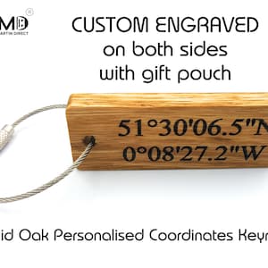 Coordinates Keyring Wood - Engraved Personalised Key ring - Custom Coordinates Keychain in Solid Oak - Hand Crafted durable secure - 2-sided