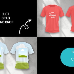 K&ouml;nnte beinhalten: Zwei T-Shirt-Mockups mit einem Design-Template f&uuml;r Canva. Das erste Mockup ist ein rotes T-Shirt mit dem Text "YOUR design HERE." Das zweite Mockup ist ein hellblaues T-Shirt mit einer Grafik einer wei&szlig;en Wolke und einem gr&uuml;nen Feld. Der Text "JUST DRAG AND DROP" ist in der oberen linken Ecke des Bildes sichtbar.