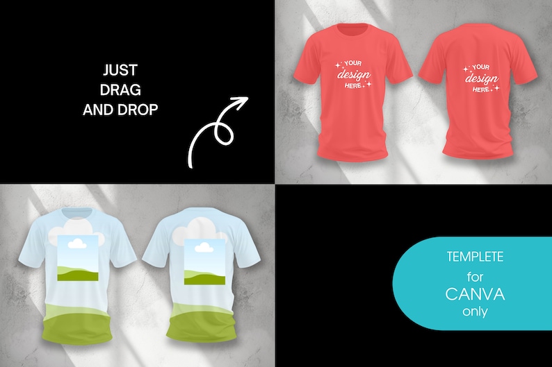 K&ouml;nnte beinhalten: Zwei T-Shirt-Mockups mit einem Design-Template f&uuml;r Canva. Das erste Mockup ist ein rotes T-Shirt mit dem Text "YOUR design HERE." Das zweite Mockup ist ein hellblaues T-Shirt mit einer Grafik einer wei&szlig;en Wolke und einem gr&uuml;nen Feld. Der Text "JUST DRAG AND DROP" ist in der oberen linken Ecke des Bildes sichtbar.