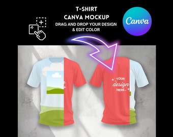 Puede incluir: Una maqueta de una camiseta roja con un diseño blanco en la espalda y un diseño azul y verde en la parte delantera. El texto "YOUR design HERE." está en la parte posterior de la camiseta. El texto "T-SHIRT CANVA MOCKUP DRAG AND DROP YOUR DESIGN & EDIT COLOR" está por encima de la camiseta. El logotipo de Canva está en la esquina superior derecha.