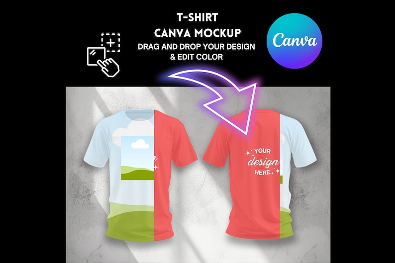 K&ouml;nnte beinhalten: Ein Mockup eines roten T-Shirts mit einem wei&szlig;en Design auf der R&uuml;ckseite und einem blauen und gr&uuml;nen Design auf der Vorderseite. Der Text "YOUR design HERE." befindet sich auf der R&uuml;ckseite des Shirts. Der Text "T-SHIRT CANVA MOCKUP DRAG AND DROP YOUR DESIGN & EDIT COLOR" befindet sich &uuml;ber dem Shirt. Das Canva-Logo befindet sich in der oberen rechten Ecke.