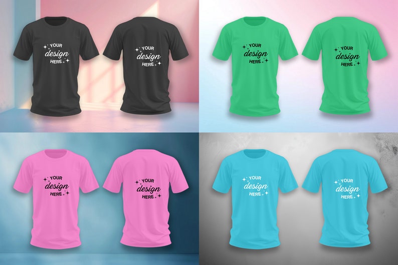 K&ouml;nnte beinhalten: Acht T-Shirts in verschiedenen Farben, darunter Schwarz, Gr&uuml;n, Pink und Blau. Jedes T-Shirt tr&auml;gt den Aufdruck "YOUR design HERE." auf der Vorderseite.
