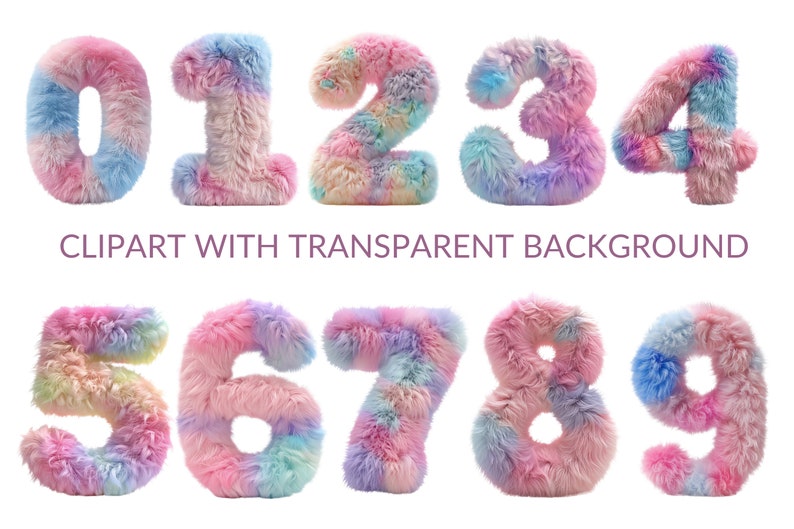 Fluffy Numbers Clipart Bundle, Rainbow Furry Font (PNG & JPEG, 300 DPI ...
