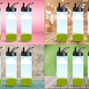 Pu&ograve; includere: Set di sei borracce in acciaio inossidabile con tappo nero e cannuccia. Le borracce hanno un design con cielo blu, nuvola bianca ed erba verde.
