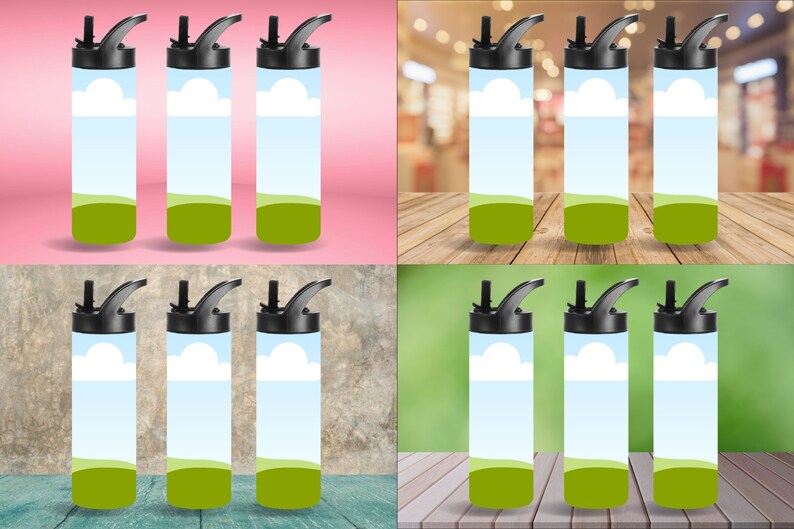 Pu&ograve; includere: Set di sei borracce in acciaio inossidabile con tappo nero e cannuccia. Le borracce hanno un design con cielo blu, nuvola bianca ed erba verde.