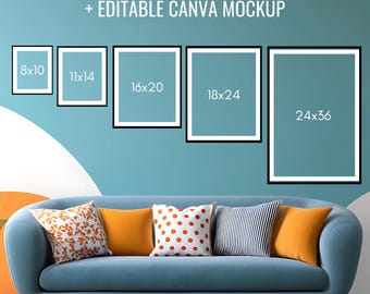 Editable Wall Art Size Guide, Customizable CANVA Mockup, Print Chart in Inches and CM