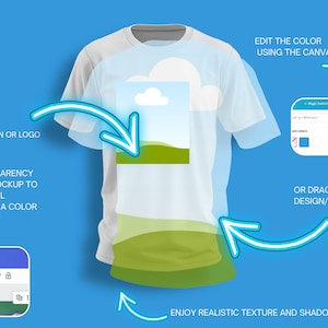K&ouml;nnte beinhalten: Ein wei&szlig;es T-Shirt-Mockup mit einem Design aus blauem Himmel und gr&uuml;nen H&uuml;geln. Das Bild zeigt, wie man das Design, die Farbe und die Transparenz des Mockups mit einem Design-Tool anpassen kann.