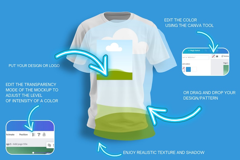 K&ouml;nnte beinhalten: Ein wei&szlig;es T-Shirt-Mockup mit einem Design aus blauem Himmel und gr&uuml;nen H&uuml;geln. Das Bild zeigt, wie man das Design, die Farbe und die Transparenz des Mockups mit einem Design-Tool anpassen kann.