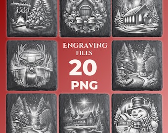 May include: A collection of engraved slate coasters with winter holiday themes. Designs include a Christmas tree, a church, a deer, a snowman, and winter scenes. The text "ENGRAVING FILES 20 PNG" is also present.