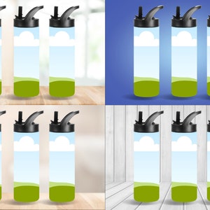 Pu&ograve; includere: Set di dodici bottiglie d'acqua nere e verdi con un design di cielo blu ed erba verde. Ogni bottiglia ha un tappo nero con una cannuccia a ribaltamento.