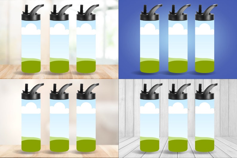 Pu&ograve; includere: Set di dodici bottiglie d'acqua nere e verdi con un design di cielo blu ed erba verde. Ogni bottiglia ha un tappo nero con una cannuccia a ribaltamento.