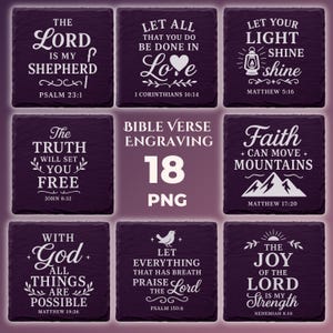 May include: Nine square slate coasters with white engraved Bible verses. Verses include "The Lord is my Shepherd", "Let all that you do be done in Love", and "Let your light shine". The coasters are a dark purple color.