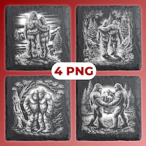 May include: Four square slate coasters with Bigfoot illustrations in black and white. Each coaster features a different scene of Bigfoot in a forest setting, with the text "4 PNG" in a white oval.