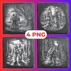 Op de afbeelding: Vier vierkante leistenen onderzetters met zwart-wit illustraties van Bigfoot. Elke onderzetter toont een andere scène van twee Bigfoots in een bosrijke omgeving. De onderzetters zijn gerangschikt in een 2x2 raster, met de tekst "4 PNG" in een rood-witte cirkel.