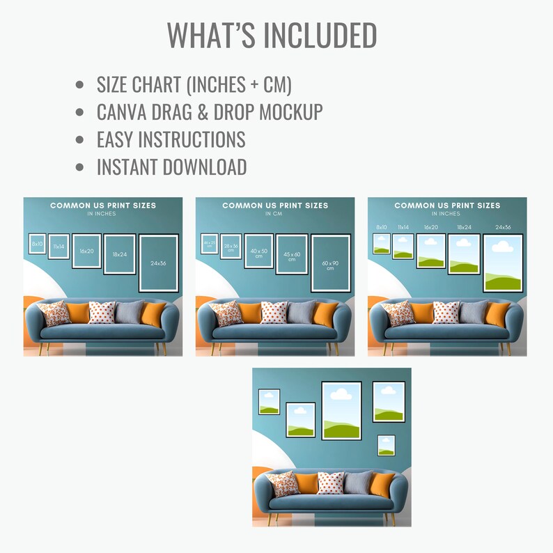 Editable Wall Art Size Guide, Customizable CANVA Mockup, Print Chart in ...