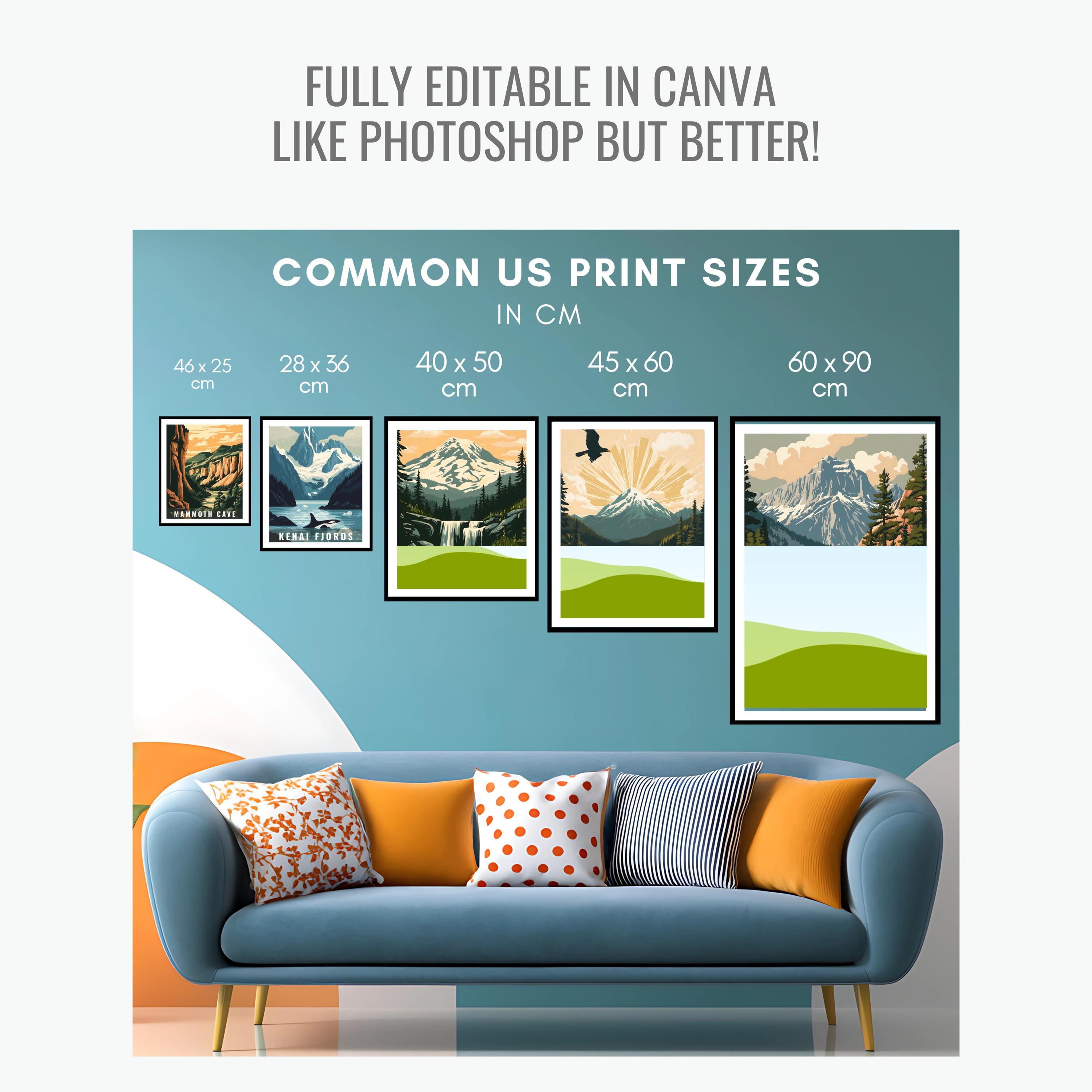 Editable Wall Art Size Guide, Customizable CANVA Mockup, Print Chart in ...
