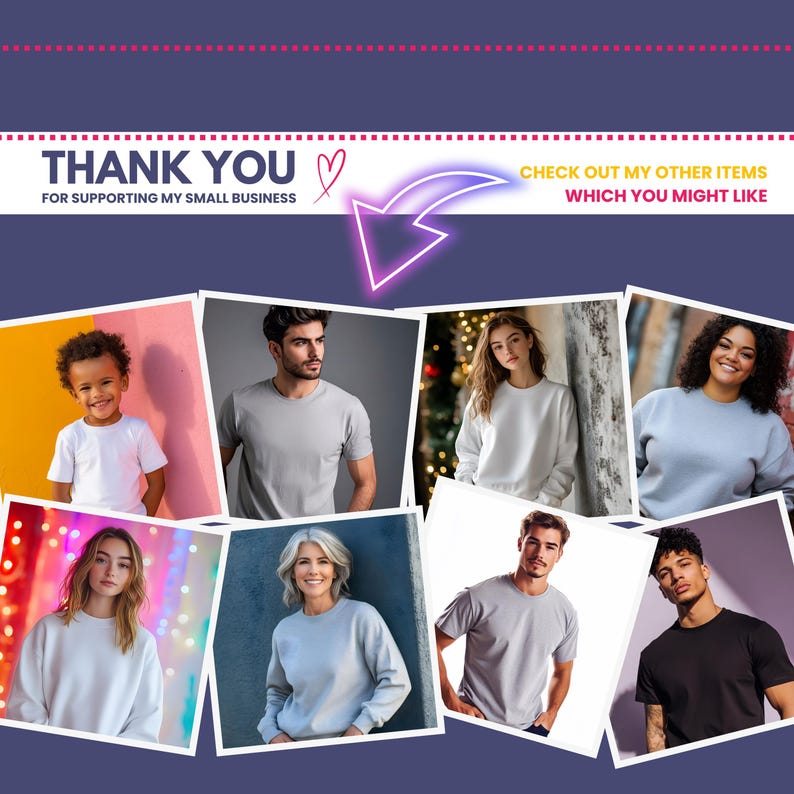 Puede incluir: Un collage de fotos que muestran a diferentes personas usando varios estilos de camisetas y sudaderas de cuello redondo liso en una variedad de colores, incluyendo blanco, gris y azul claro. El texto "THANK YOU FOR SUPPORTING MY SMALL BUSINESS" y "CHECK OUT MY OTHER ITEMS WHICH YOU MIGHT LIKE" se muestra en la parte superior de la imagen.