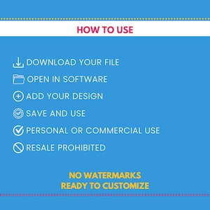 K&ouml;nnte beinhalten: Eine blaue Grafik mit wei&szlig;em Text, der erkl&auml;rt, wie man eine digitale Datei verwendet. Der Text lautet "VERWENDUNG", "DATEI HERUNTERLADEN", "IN SOFTWARE &Ouml;FFNEN", "DESIGN HINZUF&Uuml;GEN", "SPEICHERN UND VERWENDEN", "PERS&Ouml;NLICHE ODER KOMMERZIELLE NUTZUNG", "WIEDERVERKAUF VERBOTEN", "KEINE WASSERZEICHEN", "BEREIT ZUR ANPASSUNG".