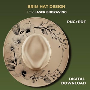 Op de afbeelding: Een beige randhoedontwerp voor lasergraveren, met een bloemenpatroon van orchideeën en bladeren. De hoed heeft een ronde kroon en een brede rand. Tekst op de afbeelding luidt "Brim Hat Design For Laser Engraving" en "Digital Download".