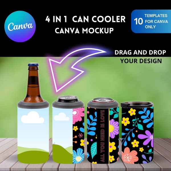 4-in-1-Dosenkühler-CANVA-Mockup-Bundle, bearbeitbares Full-Wrap-Mock-Up nur für CANVA