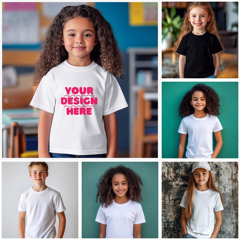K&ouml;nnte beinhalten: Eine Collage aus sechs Bildern, die Kinder zeigen, die wei&szlig;e T-Shirts tragen. Das erste Bild zeigt ein Kind, das ein wei&szlig;es T-Shirt mit dem Text "YOUR DESIGN HERE" in Pink tr&auml;gt. Das zweite Bild zeigt ein Kind, das ein schwarzes T-Shirt tr&auml;gt. Das dritte Bild zeigt ein Kind, das ein wei&szlig;es T-Shirt tr&auml;gt. Das vierte Bild zeigt ein Kind, das ein wei&szlig;es T-Shirt tr&auml;gt. Das f&uuml;nfte Bild zeigt ein Kind, das ein wei&szlig;es T-Shirt tr&auml;gt. Das sechste Bild zeigt ein Kind, das ein wei&szlig;es T-Shirt und eine Baseballkappe tr&auml;gt.