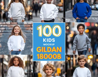 Kinder Gildan 18000B Sweatshirt Mockup Vielfalt Mädchen und Jungen Mockup Set