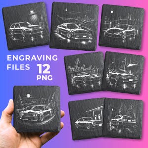 May include: A collection of eight square black slate coasters featuring white laser-engraved illustrations of various classic sports cars in different urban and scenic settings, accompanied by text reading ENGRAVING FILES 12 PNG.
