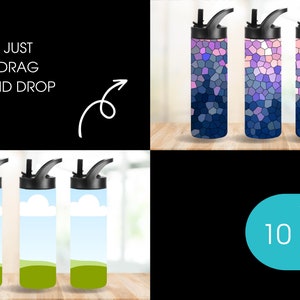 Pu&ograve; includere: Dieci modelli personalizzabili per Canva con bottiglie d'acqua con diversi design. I design includono un paesaggio blu e verde e un motivo a mosaico con colori rosa, viola e blu. Il testo "10 MODELLI per CANVA solo" &egrave; visualizzato su uno sfondo turchese.