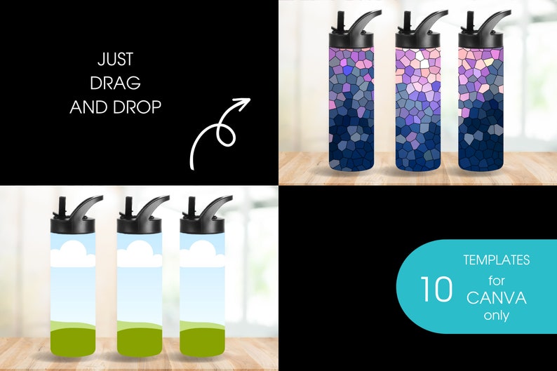 Pu&ograve; includere: Dieci modelli personalizzabili per Canva con bottiglie d'acqua con diversi design. I design includono un paesaggio blu e verde e un motivo a mosaico con colori rosa, viola e blu. Il testo "10 MODELLI per CANVA solo" &egrave; visualizzato su uno sfondo turchese.