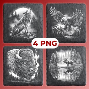 Könnte beinhalten: Vier quadratische Schieferuntersetzer mit Wildtierillustrationen. Designs umfassen einen heulenden Wolf, einen Adler im Flug, einen Bison und einen Elch an einem See. Der Text "4 PNG" befindet sich in einem weißen Oval.