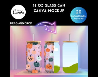 16 oz Clear Glass CANVA Mockup, Drag and Drop Mock Up Bundle, Clear Glass with a straight straw