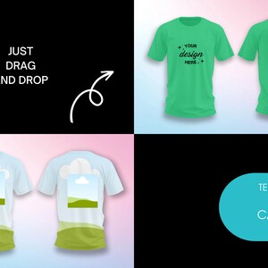 K&ouml;nnte beinhalten: Zwei Mockups eines hellblauen T-Shirts mit einem gr&uuml;nen Landschaftsdesign. Der Text "JUST DRAG AND DROP" befindet sich auf einem schwarzen Hintergrund mit einem wei&szlig;en Pfeil. Der Text "TEMPLATE for CANVA only" befindet sich auf einem t&uuml;rkisfarbenen Hintergrund.