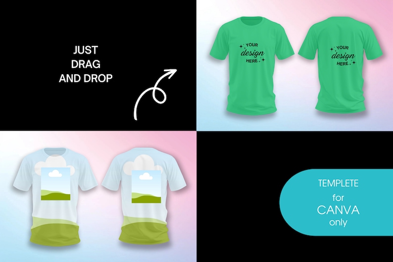 K&ouml;nnte beinhalten: Zwei Mockups eines hellblauen T-Shirts mit einem gr&uuml;nen Landschaftsdesign. Der Text "JUST DRAG AND DROP" befindet sich auf einem schwarzen Hintergrund mit einem wei&szlig;en Pfeil. Der Text "TEMPLATE for CANVA only" befindet sich auf einem t&uuml;rkisfarbenen Hintergrund.