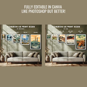 May include: A display of framed landscape art prints in various sizes, including 46x25, 28x36, 40x50, 45x60, and 60x90 cm. The prints feature scenic views and are displayed above a sofa.