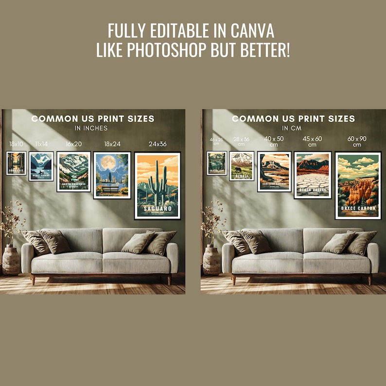May include: A display of framed landscape art prints in various sizes, including 46x25, 28x36, 40x50, 45x60, and 60x90 cm. The prints feature scenic views and are displayed above a sofa.