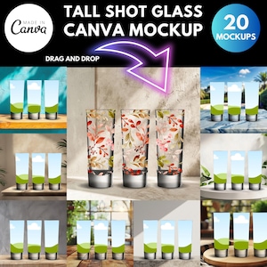 Tall Shot Glass Canva Mockup Bundle, 20 Shot Glass Mockups for Canva, Sublimation Glass Template, Realistic Glassware Mockup Set