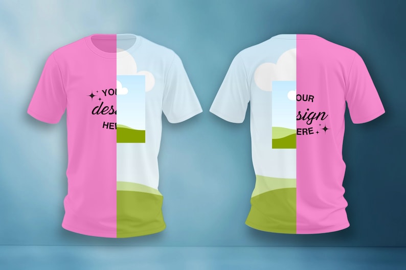 K&ouml;nnte beinhalten: Ein pinkfarbenes und hellblaues T-Shirt-Mockup mit einer wei&szlig;en Wolke und gr&uuml;nen H&uuml;geln. Der Text "Your design here" befindet sich auf der rechten Seite des Shirts.