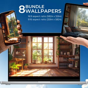 Cozy Library Wallpaper Bundle, Lofi Laptop Wallpaper for Phone, Tablet, and Desktop