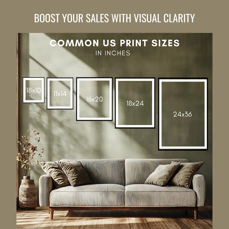 Editable Wall Art Size Guide CANVA  Mockup, Art Print Size Chart, Inches + CM Option