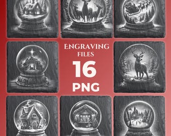 May include: A collection of black and white engraved images of snow globes on a red background. The snow globes feature various winter scenes, including houses, deer, and a sleigh. The text "ENGRAVING FILES 16 PNG" is also present.