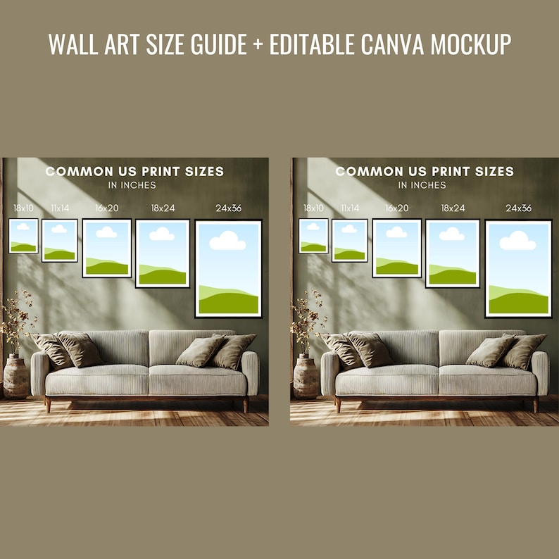May include: Image showing a wall art size guide with the text "WALL ART SIZE GUIDE + EDITABLE CANVA MOCKUP". The guide displays common US print sizes in inches: 18x10, 11x14, 16x20, 18x24, and 24x36. The image includes a sofa and framed art.