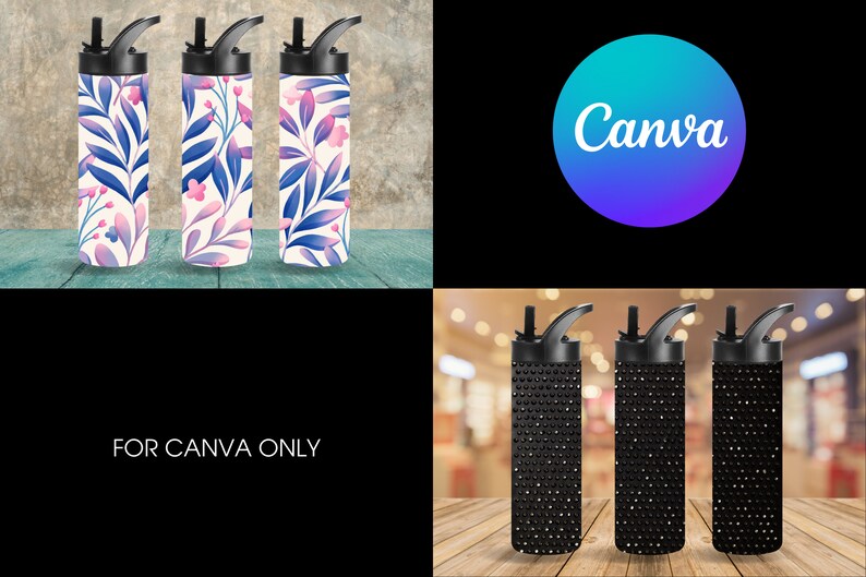Pu&ograve; includere: Tre bottiglie d'acqua in acciaio inossidabile con tappi neri e cannucce. Le bottiglie hanno design diversi: una con un motivo floreale, una con un motivo geometrico bianco e nero e una con un motivo a rombi bianco e nero. Le bottiglie sono su una superficie di legno. Il testo "FOR CANVA ONLY" &egrave; visibile nell'immagine.