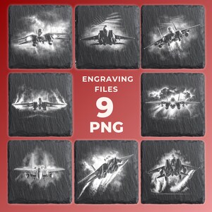 Puede incluir: Nueve posavasos cuadrados de pizarra con imágenes grabadas de aviones de combate. Los posavasos son de color gris oscuro con una superficie texturizada. Algunas imágenes incluyen la bandera estadounidense. El texto "ENGRAVING FILES 9 PNG" está en el centro.